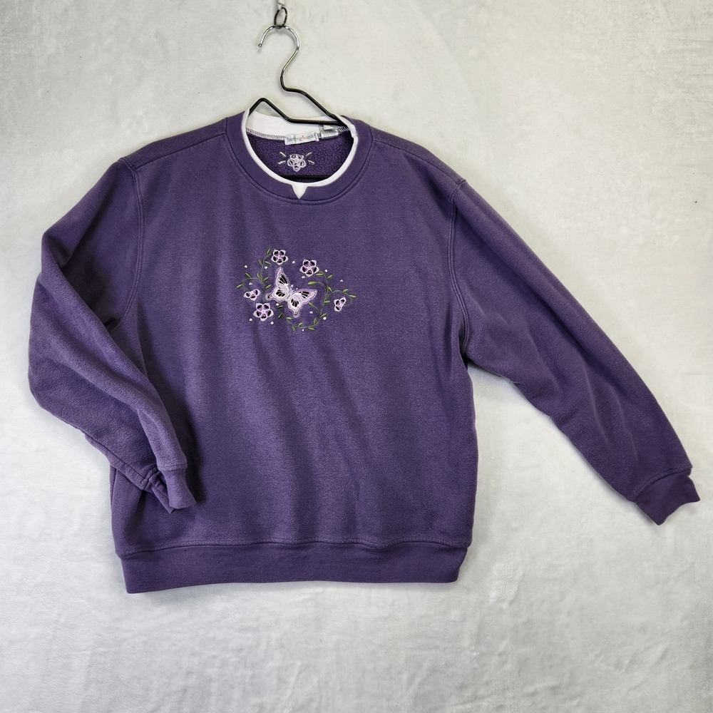 Hastings & Smith Purple Butterfly Floral Embroidered Fleece Sweatshirt Womens XL